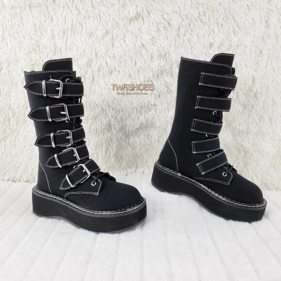 Emily 341 Black Canvas 2"" Platform Mid Calf Combat Boots NY DEMONIA