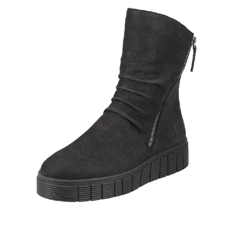 Rieker W1063-00  Ladies Black Suede Side Zip Mid-Calf Boots