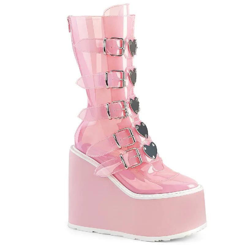 Swing 230C Clear Baby Pink Heart Plate Mid Calf Boots - Demonia  DIRECT