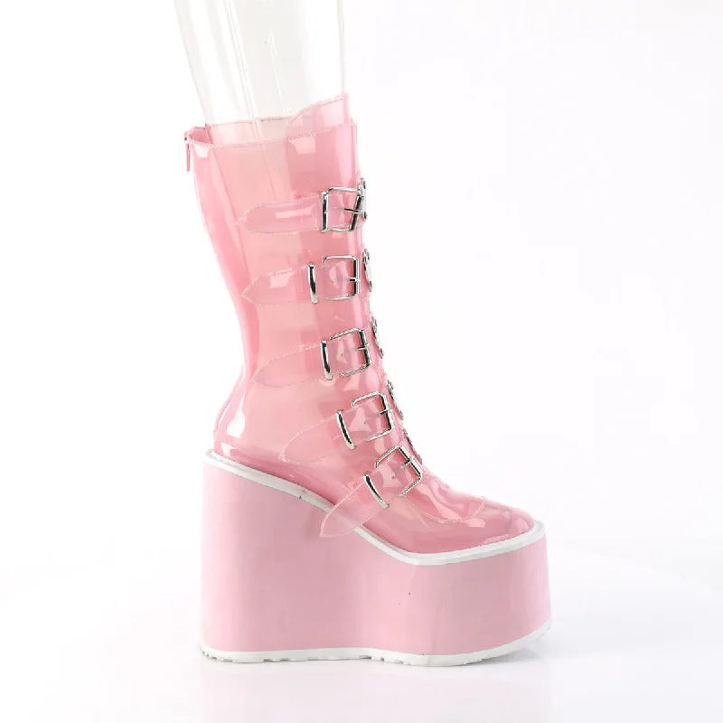 Swing 230C Clear Baby Pink Heart Plate Mid Calf Boots - Demonia  DIRECT