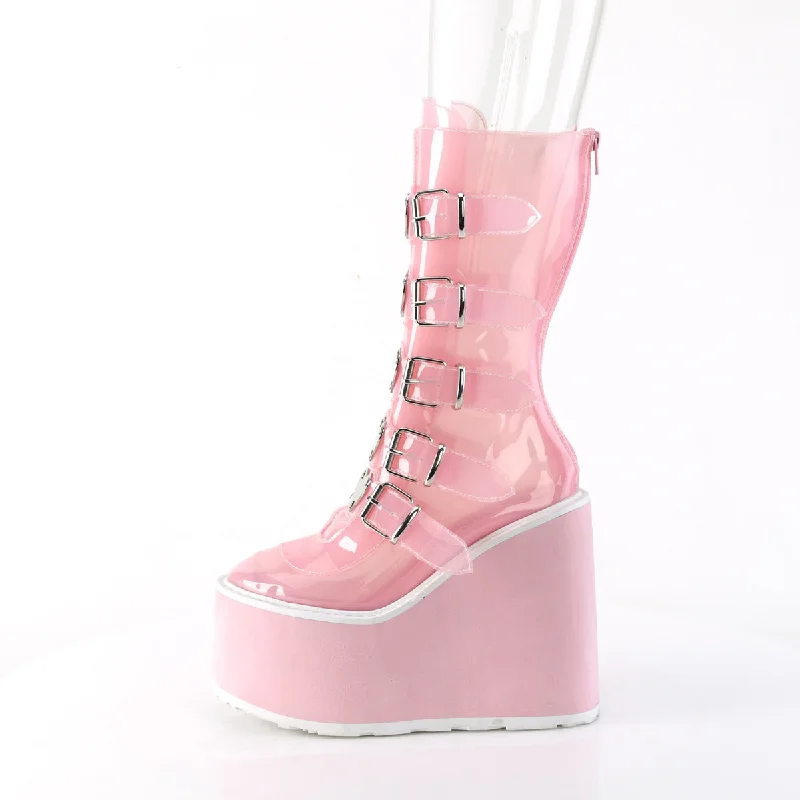 Swing 230C Clear Baby Pink Heart Plate Mid Calf Boots - Demonia  DIRECT