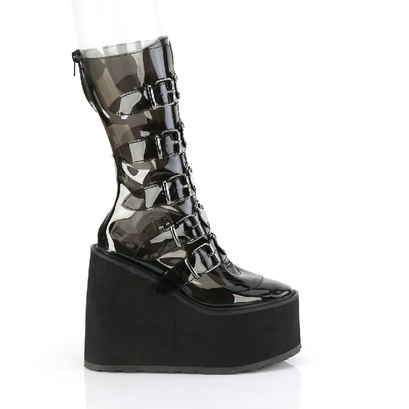 Swing 230C Clear Smoke Heart Plate Mid Calf Boots - Demonia  DIRECT