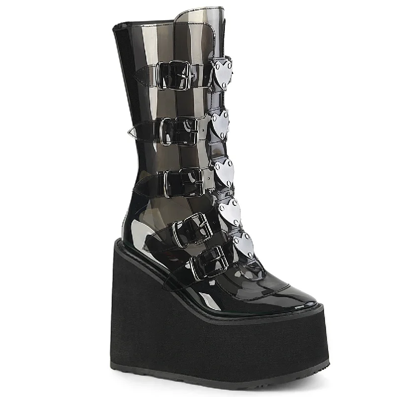 Swing 230C Clear Smoke Heart Plate Mid Calf Boots - Demonia  DIRECT