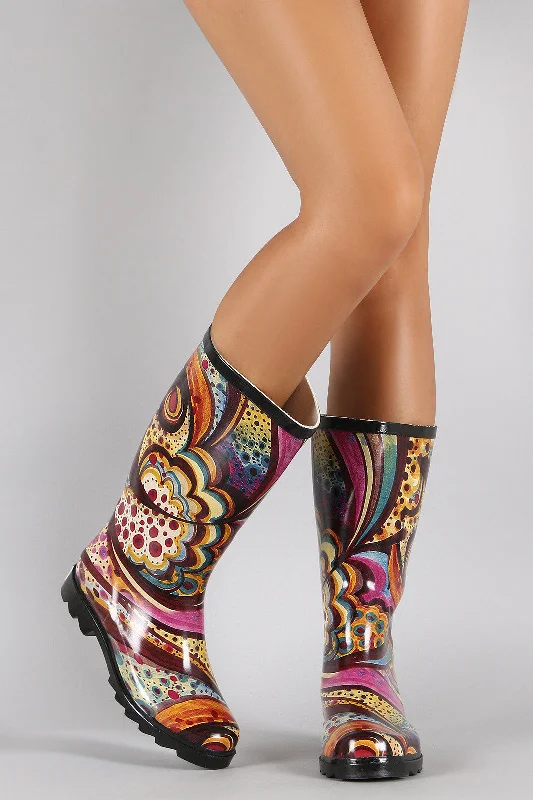 Mixed Print Round Toe Rubber Rain Boots