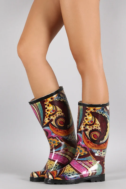 Mixed Print Round Toe Rubber Rain Boots