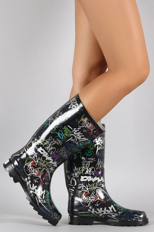 Mixed Print Round Toe Rubber Rain Boots