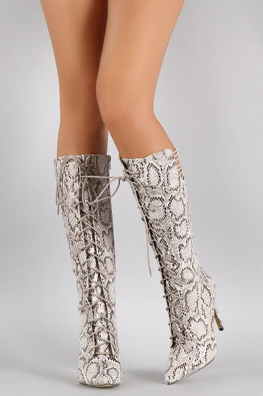 Python Strappy Pointy Toe Lace Up Stiletto Boots