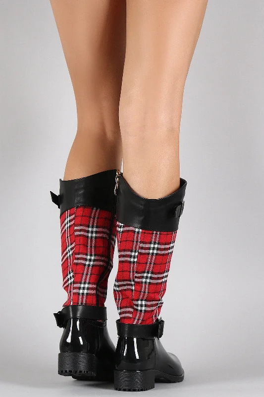 Buckled Strap Plaid Print Rain Boots