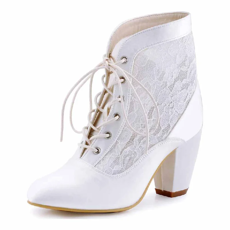 Women Boots High Heel Lace-up Satin Lace Bridal Wedding Shoes