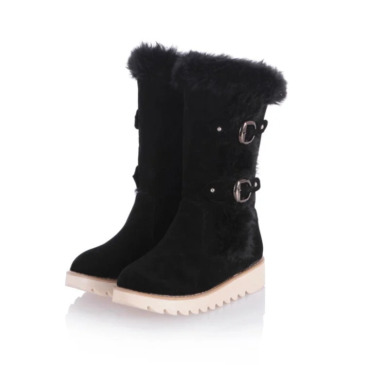 Women's Round Toe Buckle Straps Flat Platform Mid-Calf Boots