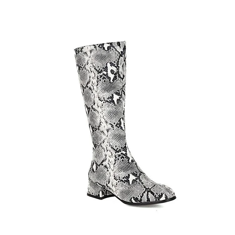 Women's Snake Printed Pointed Toe Side Zippers Block Chunky Heel Mid-Calf Boots