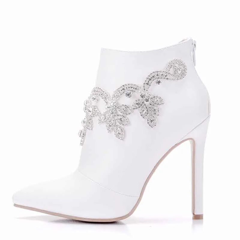 Women White Ankle Boots Heel Booties Back Zipper Short Boots