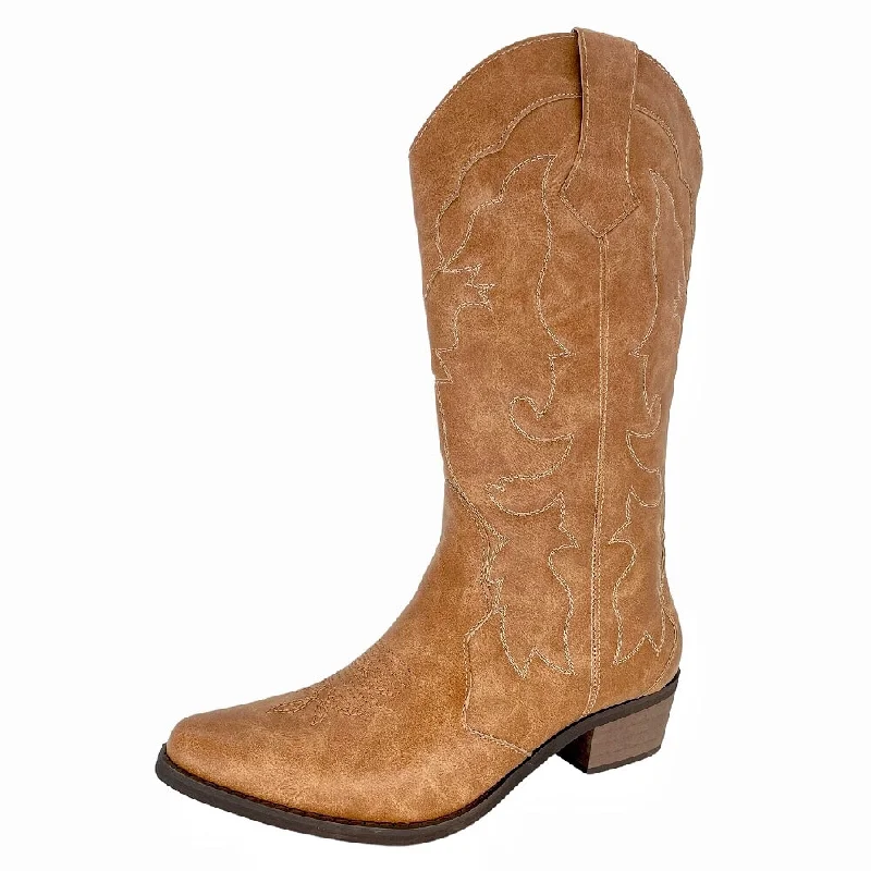 Womens Cowgirl Cowboy Boots Wide Calf Snip Toe Tan