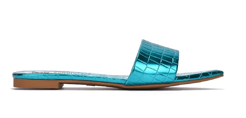 Cape Robbin Bonita Metalic Pointy Toe Women Flat Sandals - Croc Blue