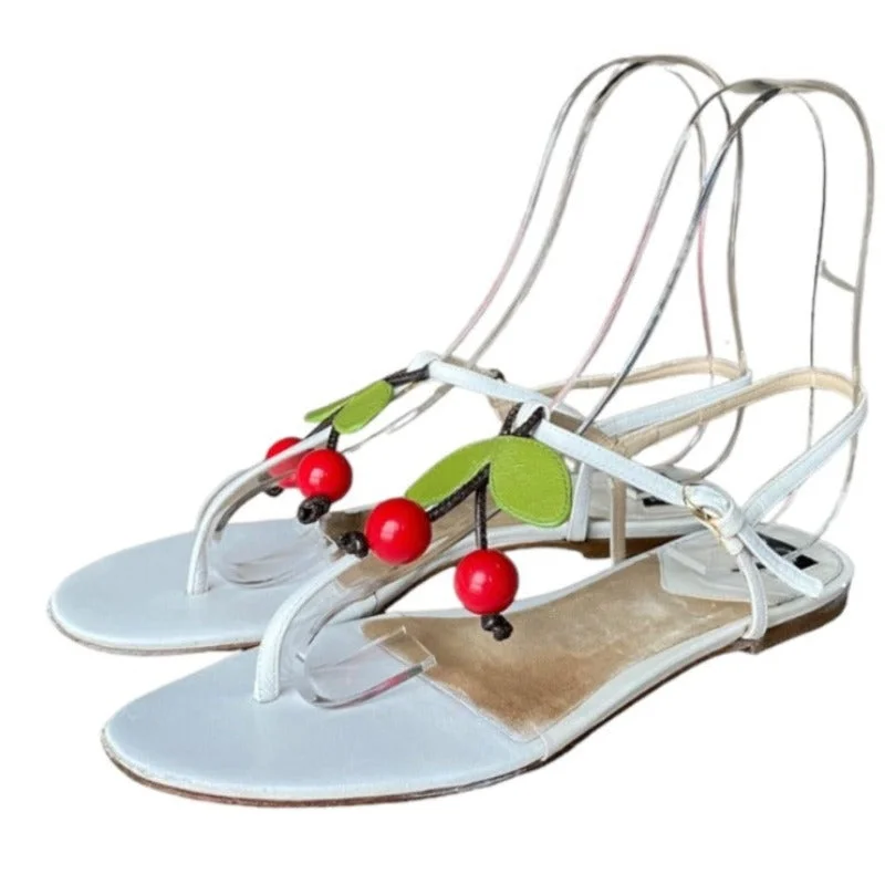 DOLCE & GABBANA White Leather Cherry Flat Thong Sandals, Size 37