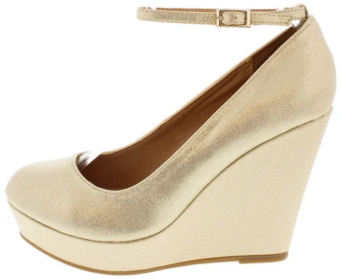 GOLD METALLIC ANKLE STRAP PLATFORM WEDGES