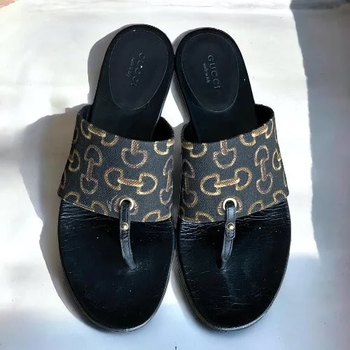 GUCCI Black Brown Horsebit Pattern Canvas Leather Flat Thong Sandals, Size 38.5