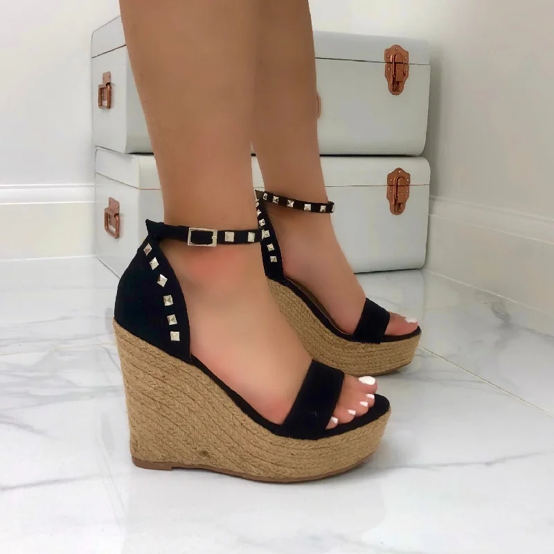 Liza - Black Faux Suede Studded Woven Platform Wedge Sandal