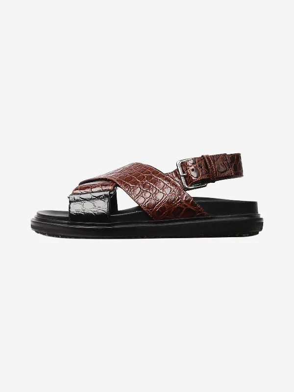 Brown croc-effect cross-strap sandals - size EU 37