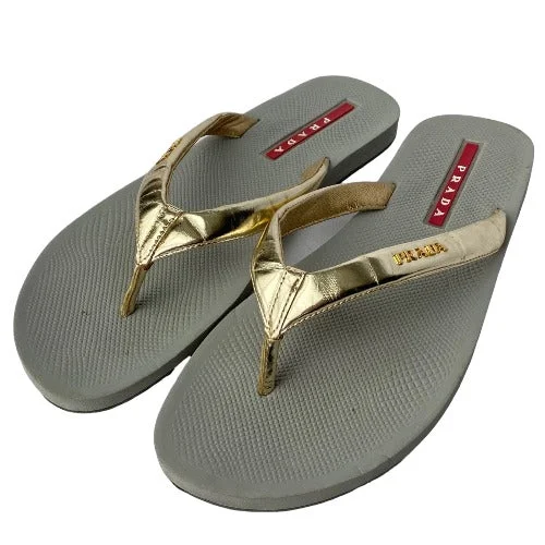 PRADA Sport Gold Patent Leather Prada Logo  Flip Flop Rubber Sandals, Size 41