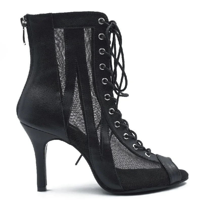 Queen- Black Open Toe Lace Up Bootie with Mesh Stiletto Dance Heels Dance Shoes