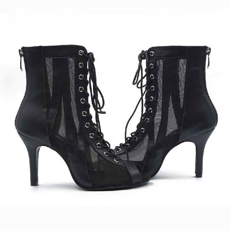 Queen- Black Open Toe Lace Up Bootie with Mesh Stiletto Dance Heels Dance Shoes