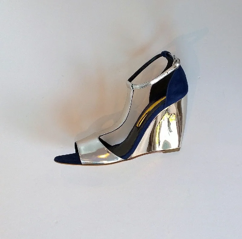 Rupert Sanderson Silver Navy June Wedge Sandals