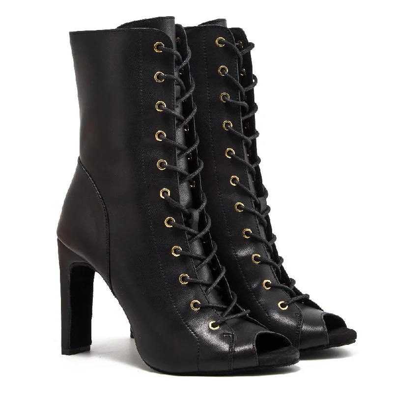 The Glow Getter - Black Open Toe Lace Up Bootie Chunky Stiletto Dance Heels Dance Shoes