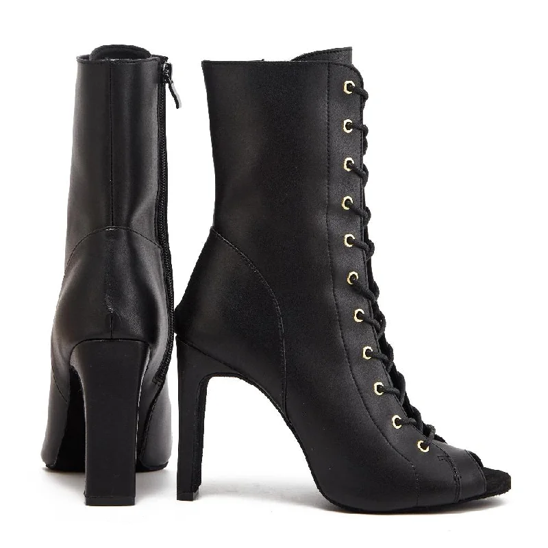 The Glow Getter - Black Open Toe Lace Up Bootie Chunky Stiletto Dance Heels Dance Shoes