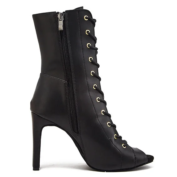 The Glow Getter - Black Open Toe Lace Up Bootie Chunky Stiletto Dance Heels Dance Shoes