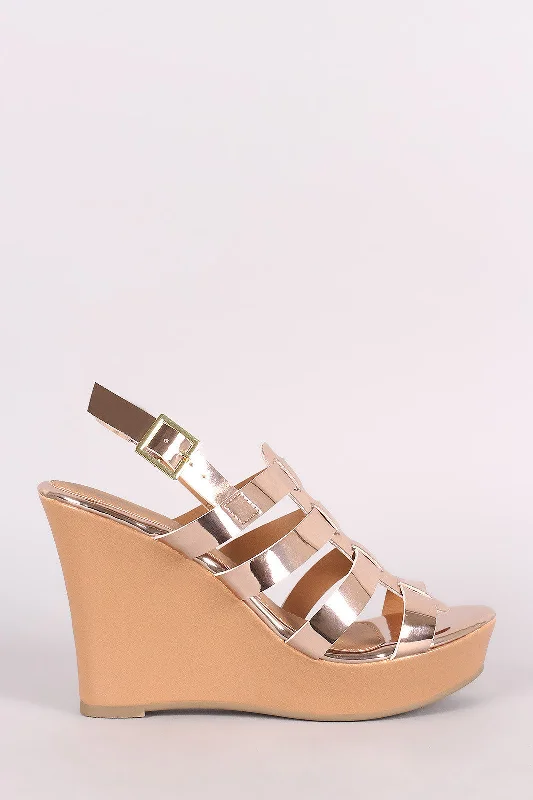 Qupid Mirror Metallic Strappy Slingback Platform Wedge