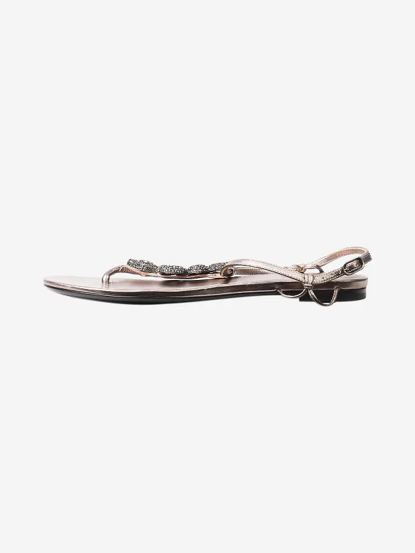 Brown snake-embellished metallic flat sandals - size EU 38.5