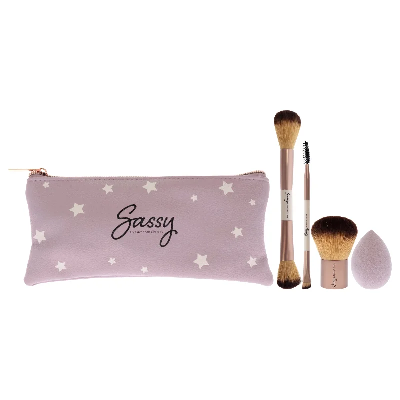 Sassy Brush Kit by Savannah Chrisley for Women - 5 Pc Multi-Purpose Fase Brush - F04, Kabuki Brush - F05, Precision Eye and Brow Brush - E04, Sponge, Bag